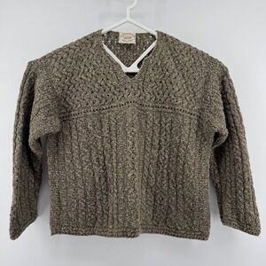 Carraig Donn Ireland Cotton Linen Cable Knit V-Neck Sweater Green Women's XLGree